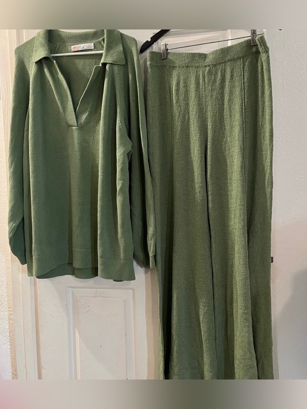 Free People Olive Green Knit Polo Sweater & Wide-Leg Pants Set
